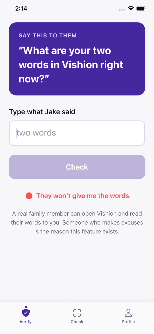 Vishion prompting the user to ask a caller for their two words, with a field to type what the caller said