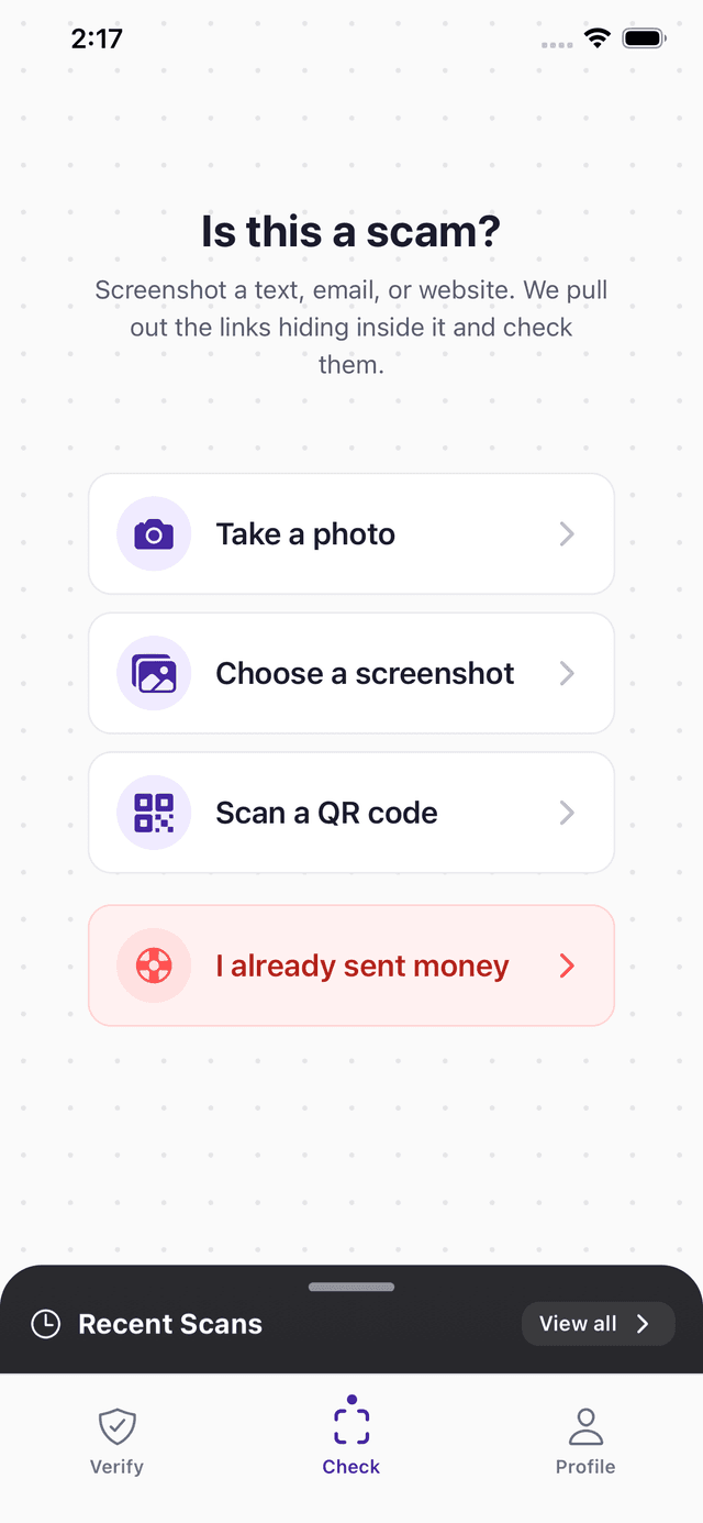 The Vishion Check screen offering to analyse a photo, a screenshot or a QR code